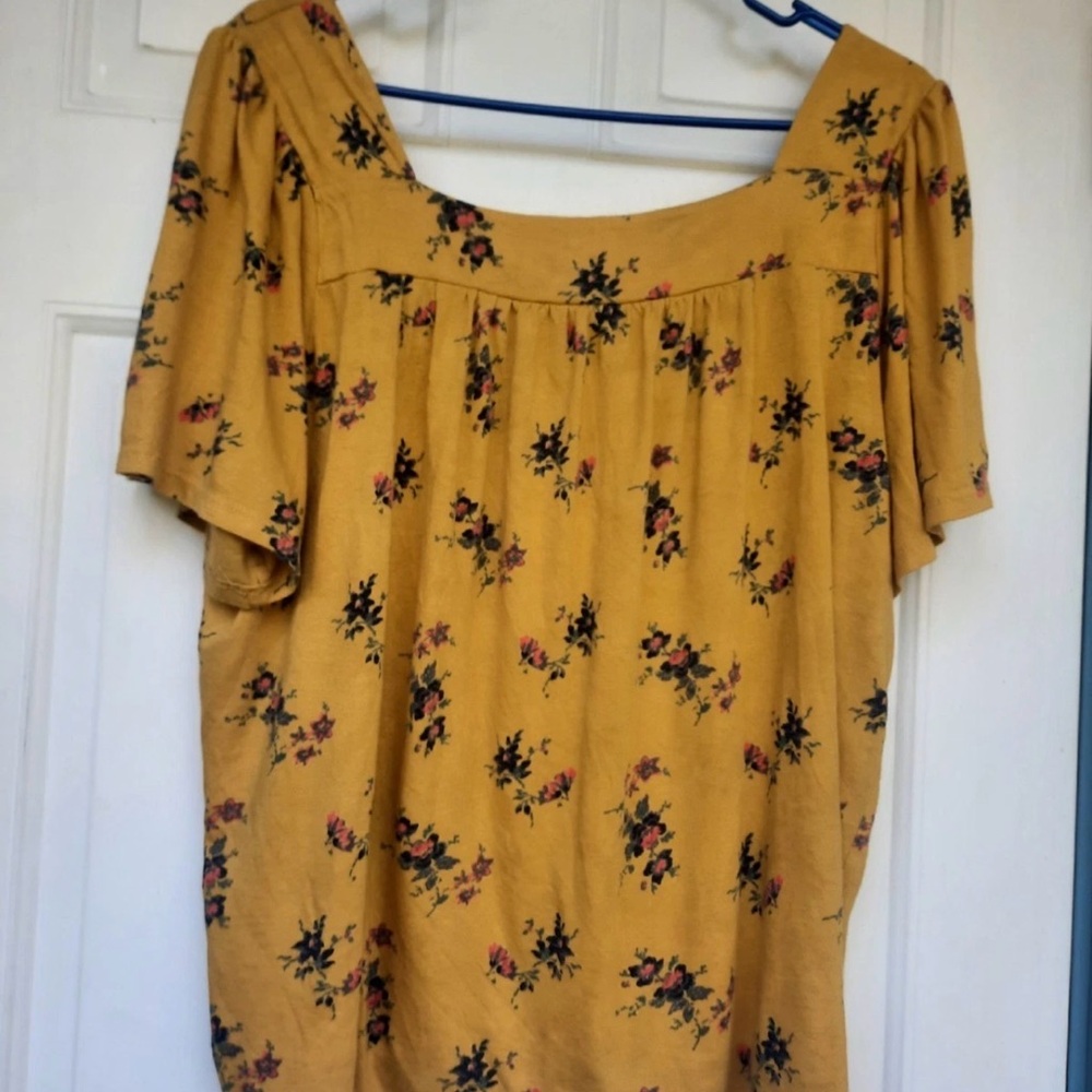Lucky Brand Mustard yellow Floral Square-Neck Women’s peasant Top blouse tee XL - Picture 8 of 8